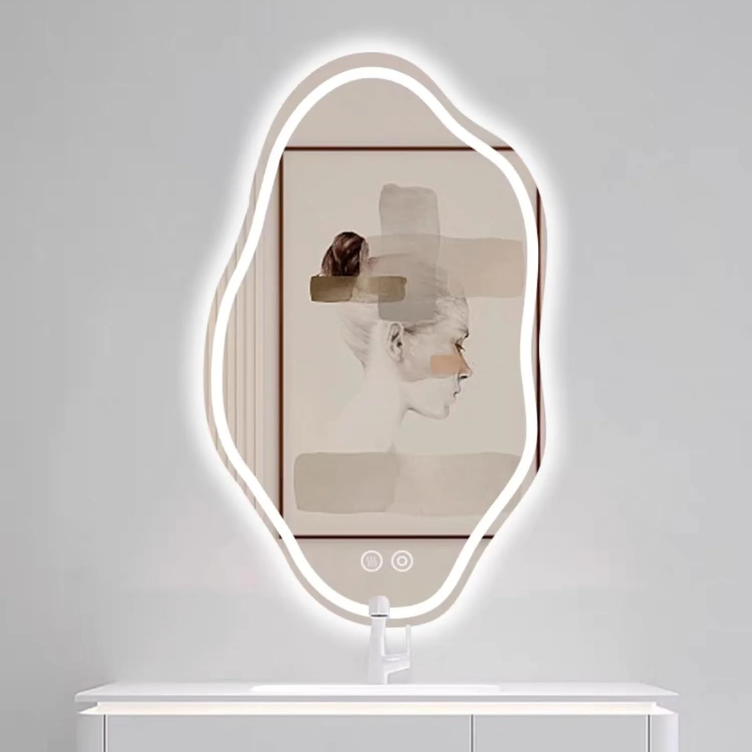 آینه روشویی ال ای دی، آینه ابری نامنظم، آینه دیواری، آینه آرایش با نور با قابلیت تنظیم روشنایی و 3 رنگ نور، ضد بخار، حافظه (سایز: 50x80 سانتی متر) (طول 31.5 اینچ)