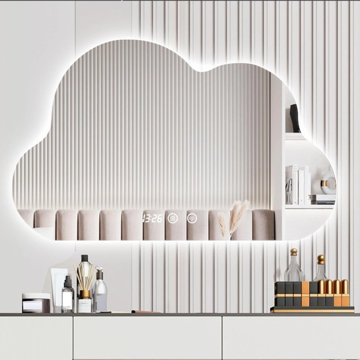 آینه حمام با چراغ‌های ال‌ای‌دی، آینه ابری نامنظم، آینه دیواری، آینه آرایش با کلید لمسی، ضد بخار و نور قابل تنظیم ضدآب IP44 (اندازه: 75.3x46.2 سانتی‌متر) (O