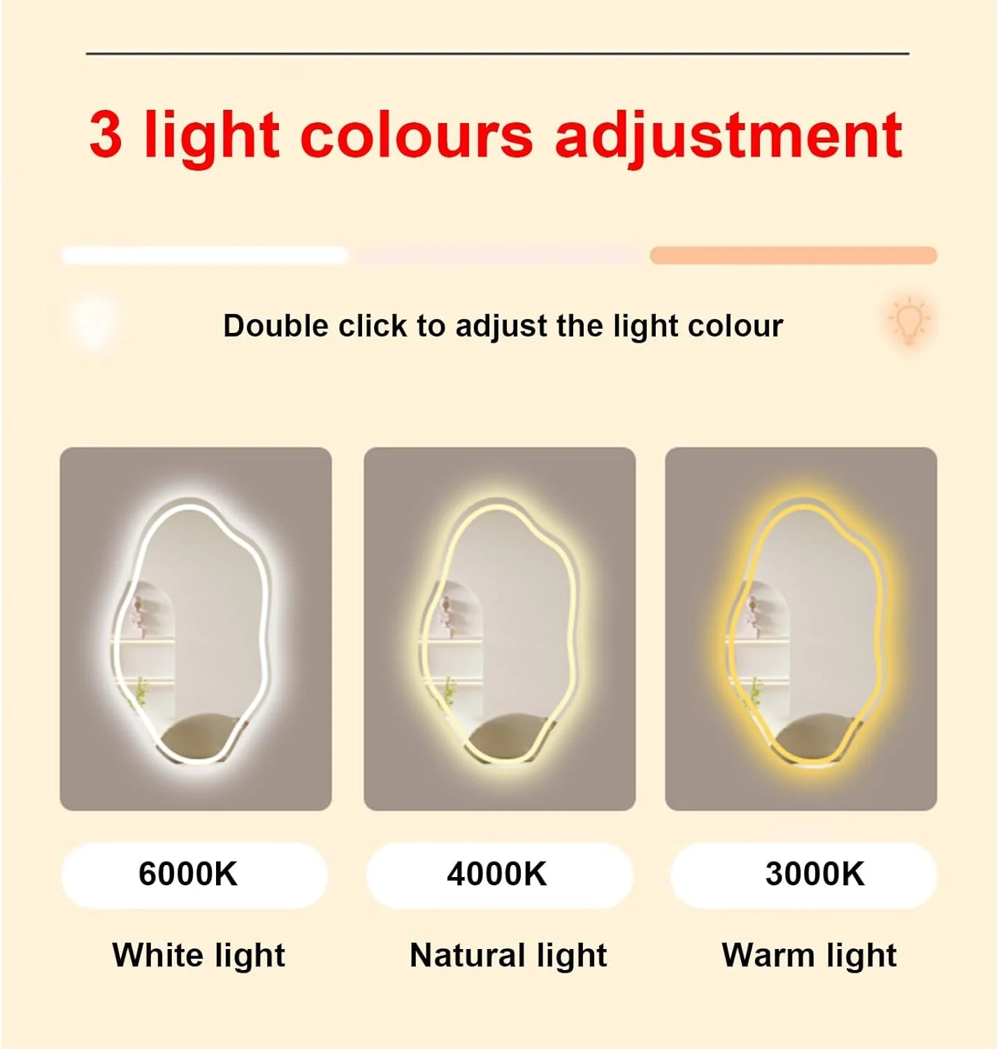 آینه روشویی ال ای دی، آینه ابری نامنظم، آینه دیواری، آینه آرایش با نور با قابلیت تنظیم روشنایی و 3 رنگ نور، ضد بخار، حافظه (سایز: 50x80 سانتی متر) (طول 31.5 اینچ)