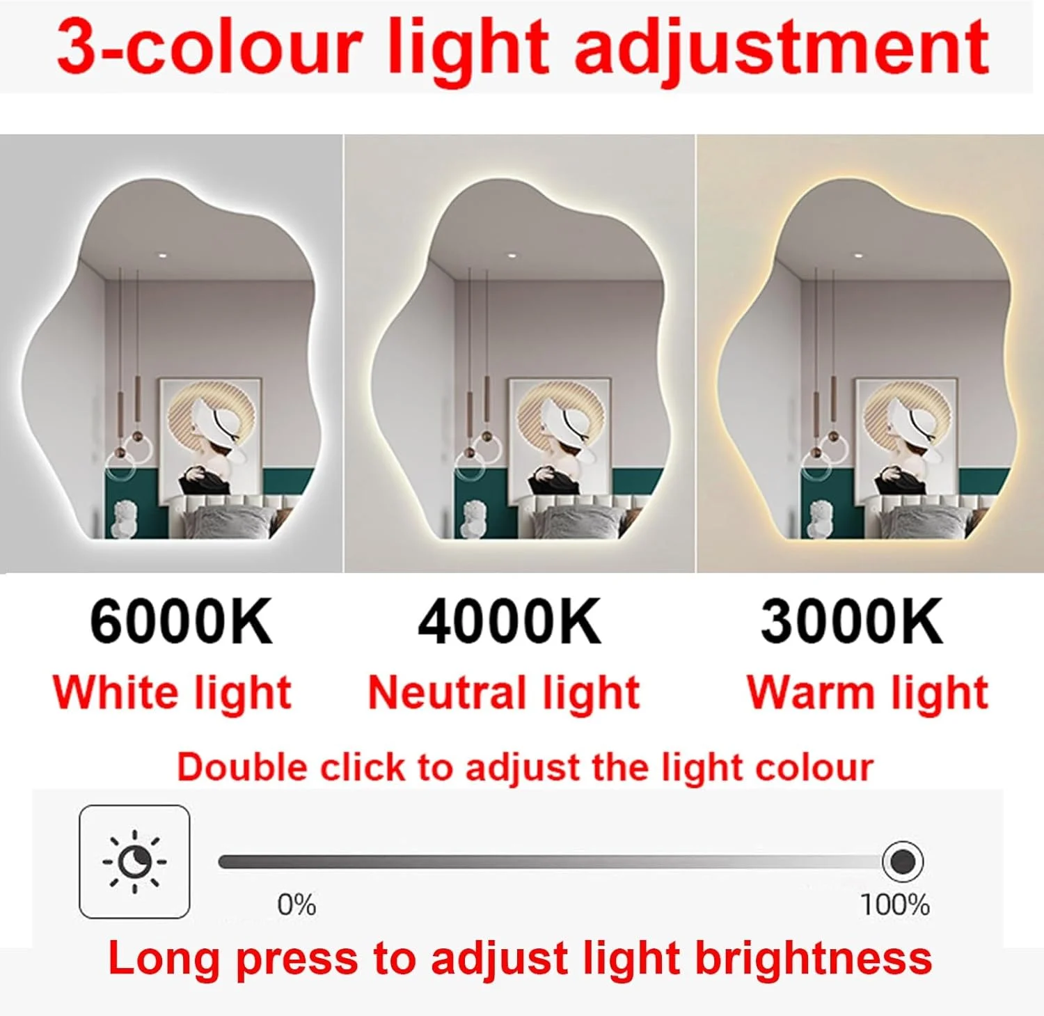 آینه ال ای دی برای حمام، آینه آرایشی نامنظم طرح ابر، آینه دیواری با قابلیت تنظیم نور، حافظه، 3 رنگ، کنترل لمسی، نصب روی دیوار (سایز: 50x70 سانتی متر)