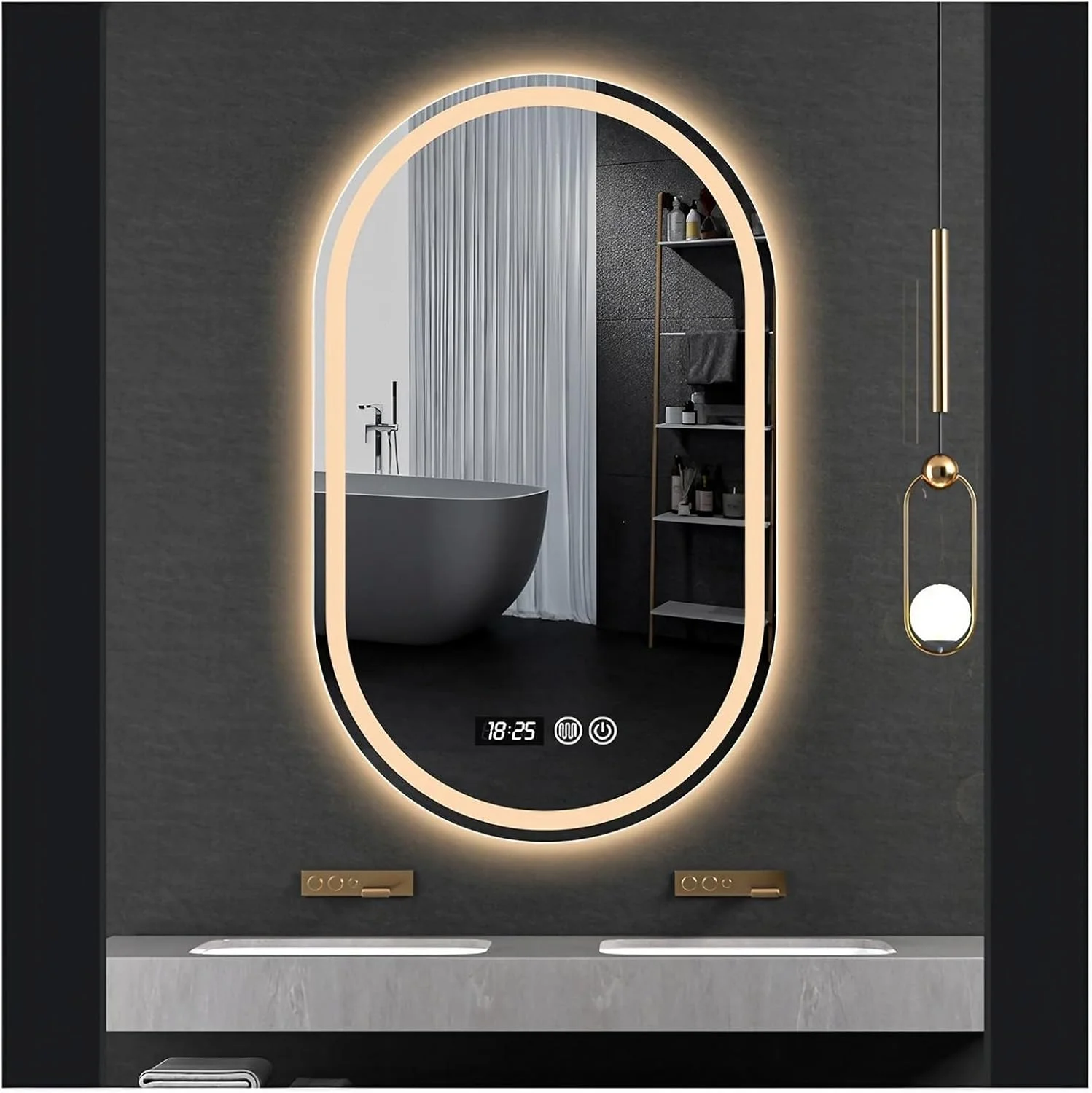 آینه حمام LED با چراغ، آینه روشویی بیضی LED، 50x80 سانتی متر، ضد بخار و 3 رنگ قابل تنظیم، آینه آرایش دیواری ضد شکست