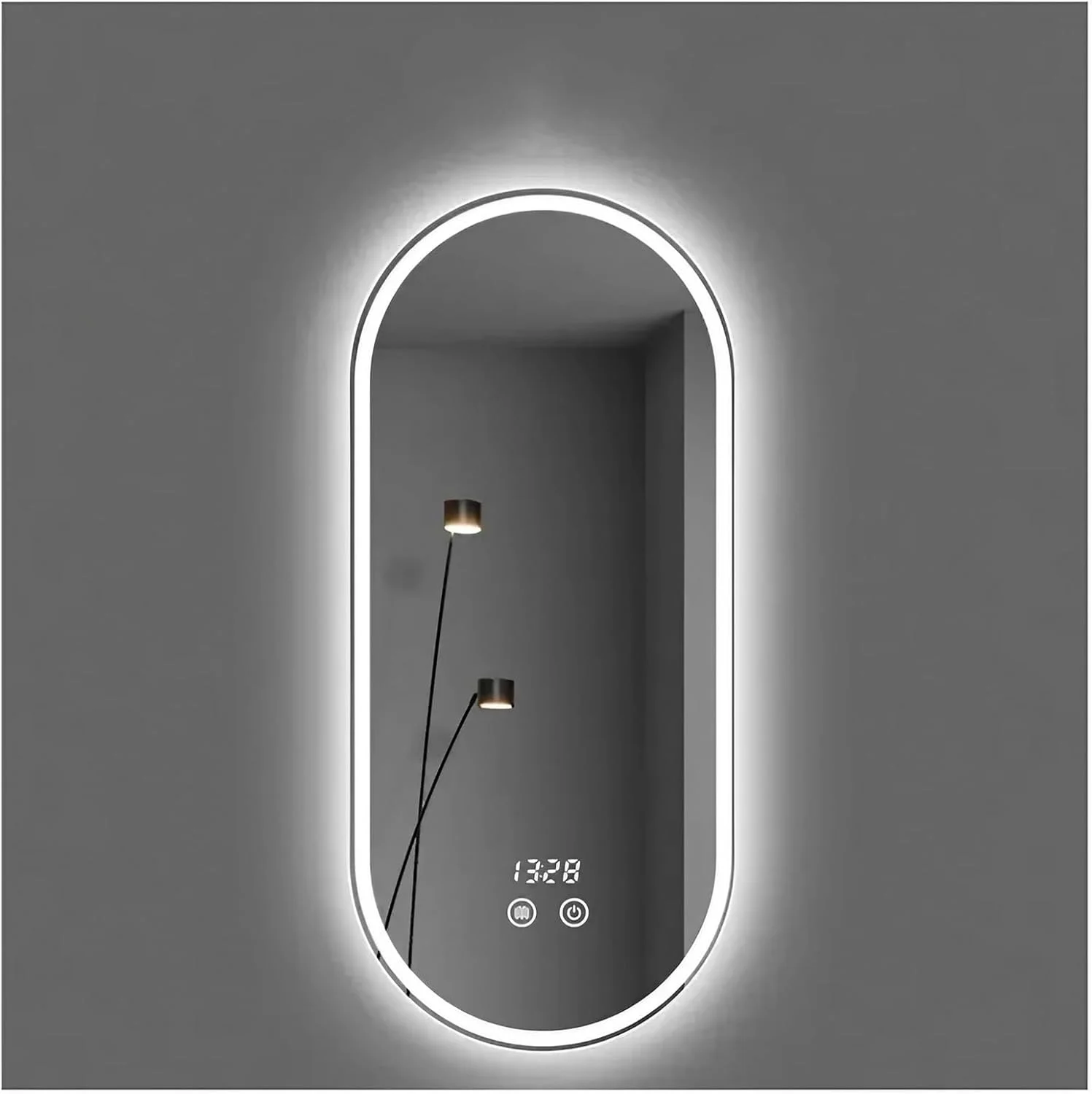 آینه حمام ال ای دی 50 در 80 سانتی متر، آینه بیضی روشن با 3 رنگ و نور قابل تنظیم، آینه آرایش ضد بخار، ضد شکست