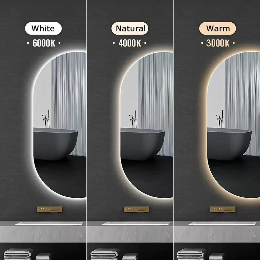 آینه حمام LED با چراغ، آینه روشویی بیضی LED، 50x80 سانتی متر، ضد بخار و 3 رنگ قابل تنظیم، آینه آرایش دیواری ضد شکست