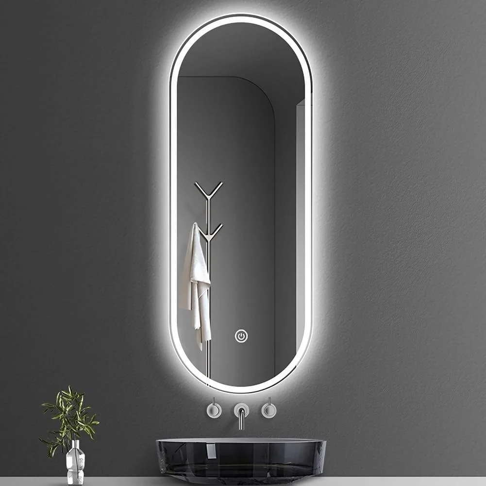 آینه حمام ال ای دی 50 در 80 سانتی متر، آینه بیضی روشن با 3 رنگ و نور قابل تنظیم، آینه آرایش ضد بخار، ضد شکست