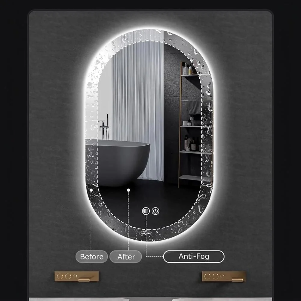 آینه حمام LED با چراغ، آینه روشویی بیضی LED، 50x80 سانتی متر، ضد بخار و 3 رنگ قابل تنظیم، آینه آرایش دیواری ضد شکست