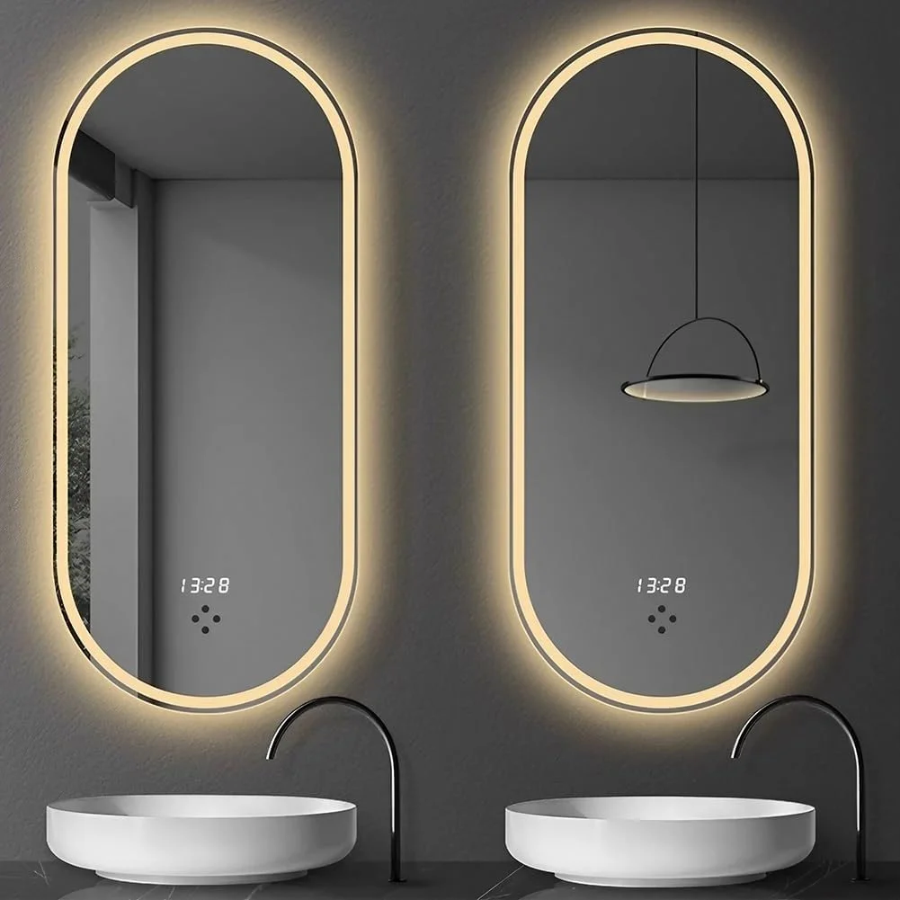 آینه حمام ال ای دی 50 در 80 سانتی متر، آینه بیضی روشن با 3 رنگ و نور قابل تنظیم، آینه آرایش ضد بخار، ضد شکست