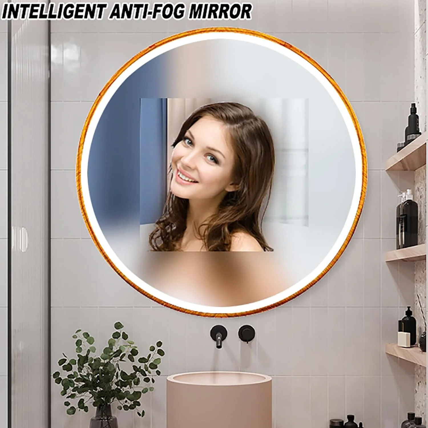 آینه گرد LED برای حمام، آینه روشنایی دار گرد دیواری، آینه حمام گرد با نور پس زمینه 500 میلی متری با WIFI، اندروید و بلوتوث، آینه دیواری با دیمستر و کلید لمسی