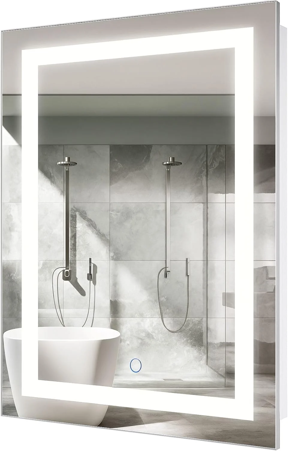 آینه حمام ال ای دی 60 در 90 سانتی متر با نور پس زمینه، دارای سیستم ضد بخار و دیمر، قابل نصب دیواری به صورت عمودی یا افقی