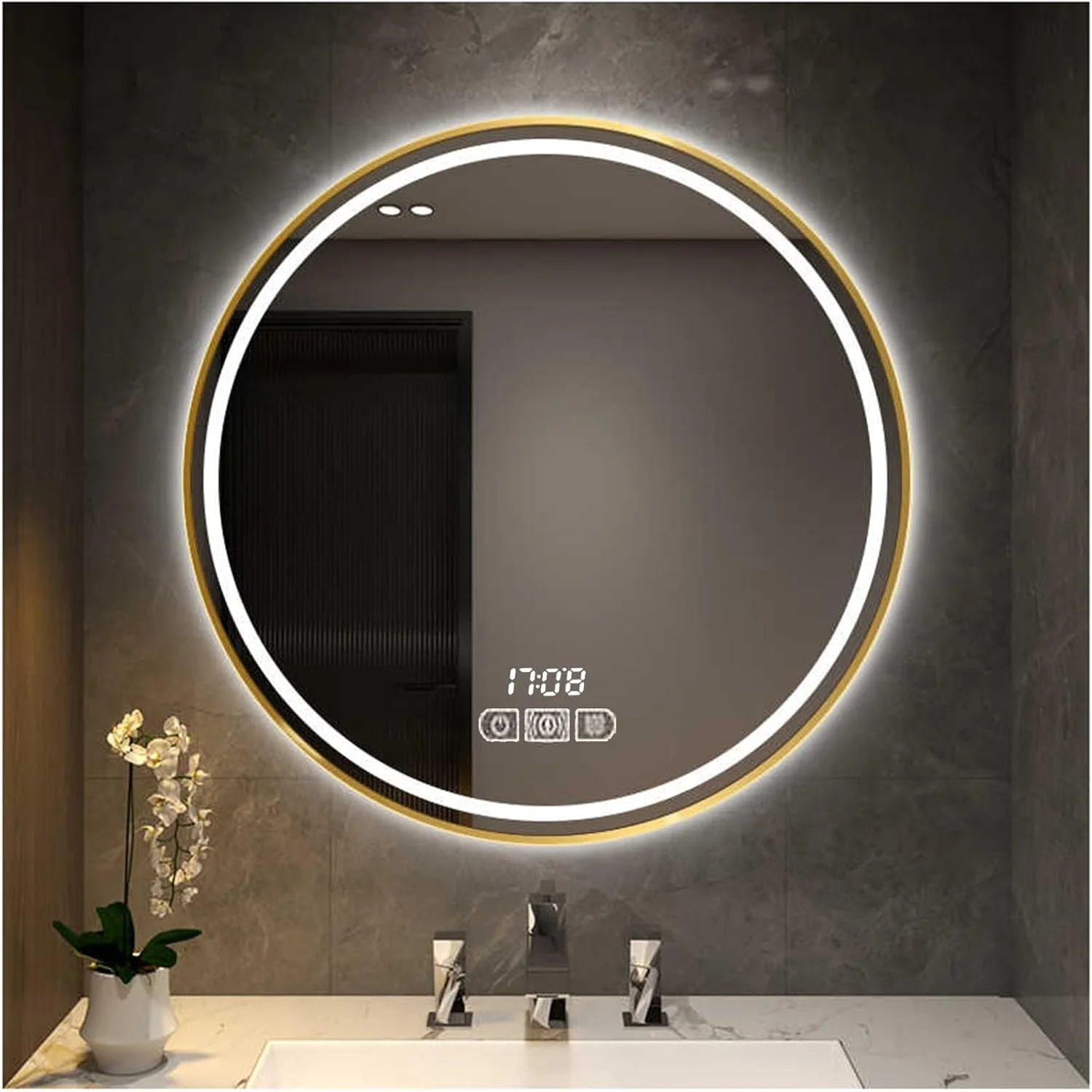 آینه حمام با چراغ های ال ای دی، آینه گرد حمام با چراغ، آینه چراغ دار ال ای دی گرد برای حمام، آینه روشویی دیواری با قابلیت تنظیم نور، ضد بخار، مقاوم در برابر شکستگی (H50*W50cm/H19.7*W19.7IN)