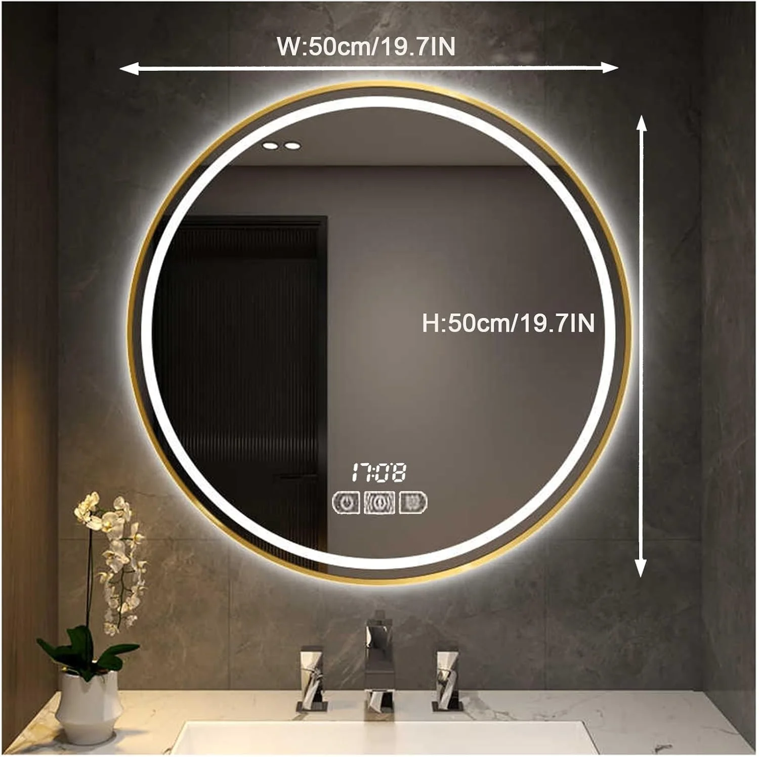 آینه حمام با چراغ های ال ای دی، آینه گرد حمام با چراغ، آینه چراغ دار ال ای دی گرد برای حمام، آینه روشویی دیواری با قابلیت تنظیم نور، ضد بخار، مقاوم در برابر شکستگی (H50*W50cm/H19.7*W19.7IN)
