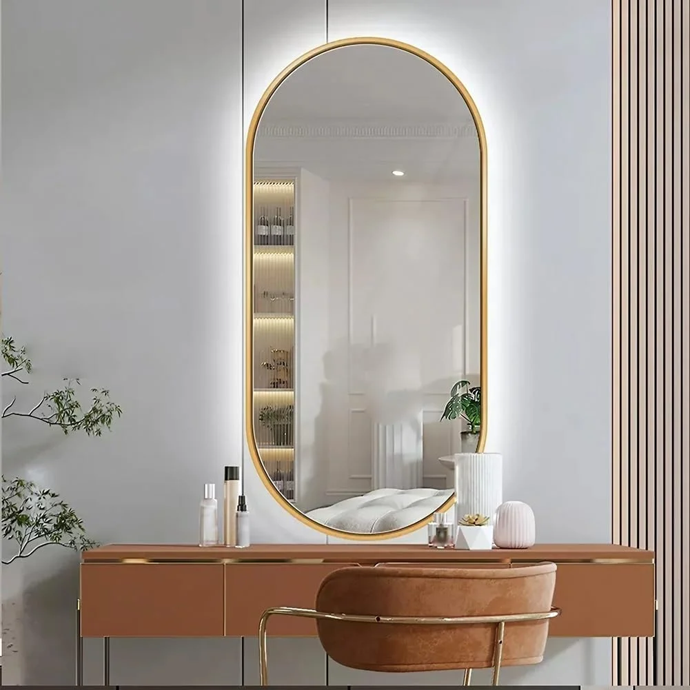 آینه حمام ال ای دی بیضی شکل 50 در 80 سانتی متر، آینه روشویی با نورپردازی 3 رنگ و قابلیت تنظیم نور، ضد بخار و ضد شکستگی مناسب آرایش، قابل نصب روی دیوار