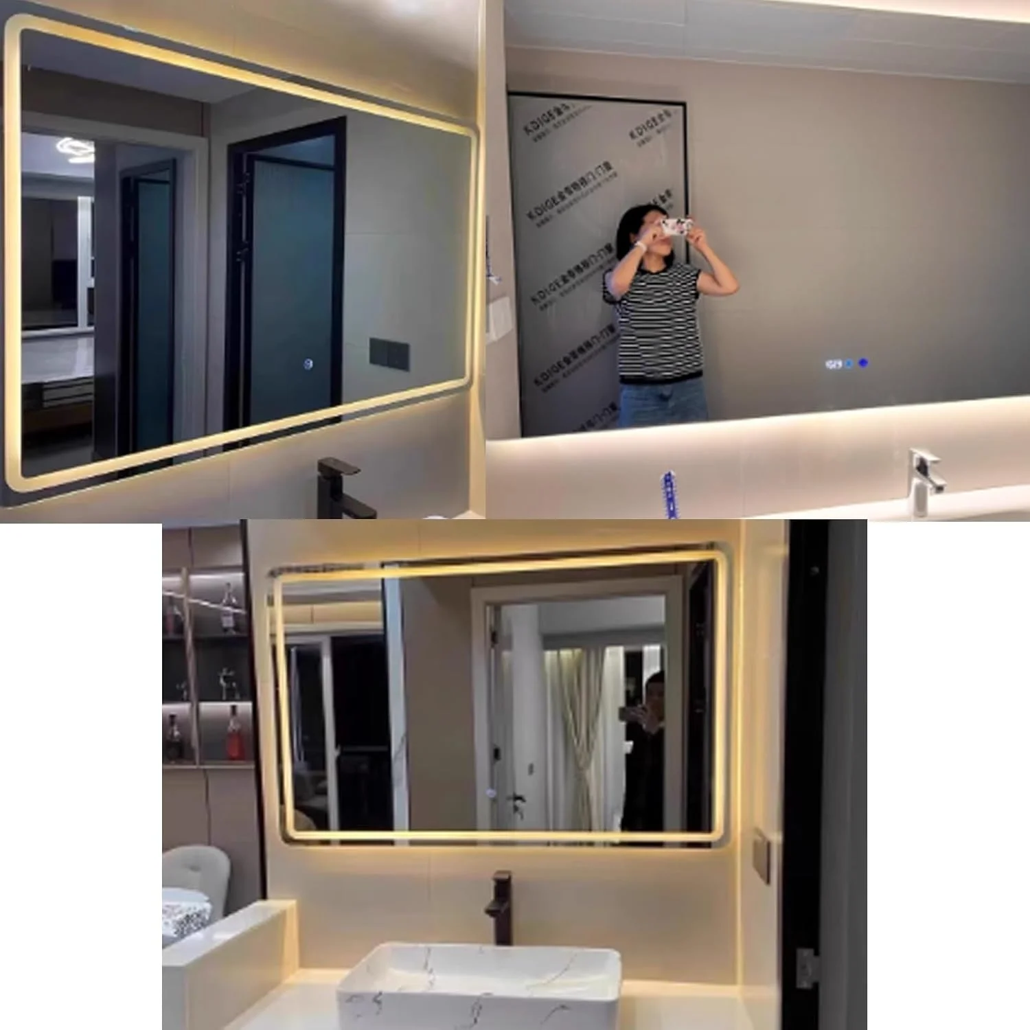 آینه حمام مربعی HD، آینه دیواری لمسی با نور LED، آینه حمام ساده ضد بخار، مناسب حمام، راهرو، آینه دیواری با چراغ (نور گرم، 90*150 سانتی متر)