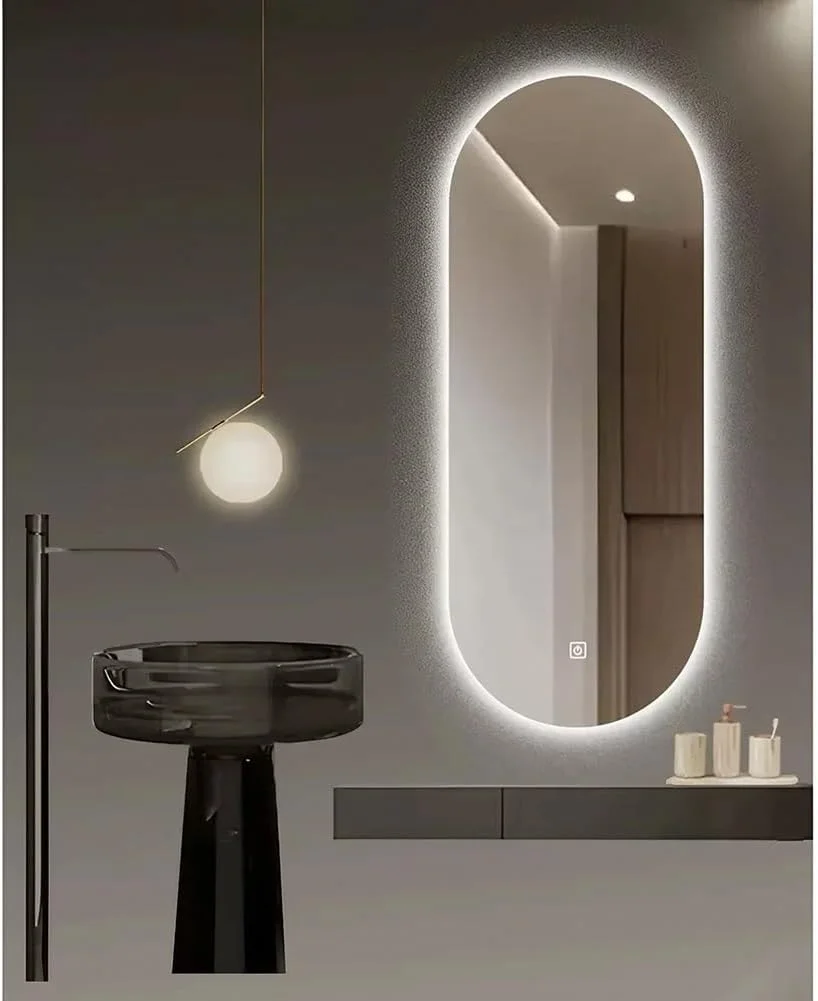 آینه حمام ال ای دی 40 در 80 سانتی متر با چراغ، آینه آرایش بیضی شکل با ضد بخار و 3 رنگ نور قابل تنظیم گرم/طبیعی/سفید، آینه روشویی دکمه لمسی