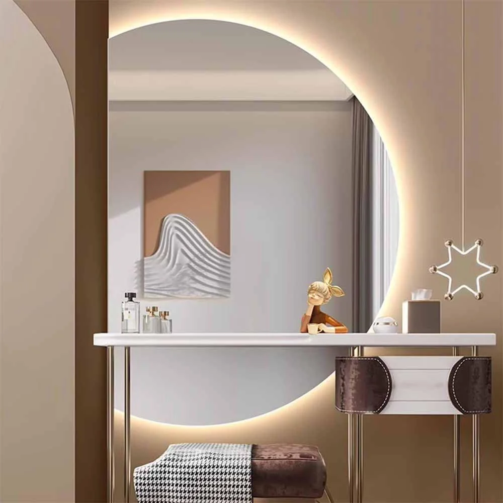 آینه بزرگ حمام با چراغ، آینه تزئینی تمام قد با قابلیت تنظیم نور سه رنگ - آینه آرایش نیم دایره LED با نور پس زمینه برای دیوار - کلید لمسی (نیم دایره سمت راست 70x110 سانتی متر)