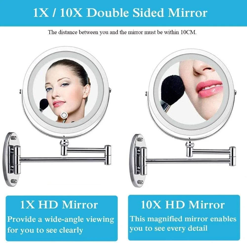 آینه آرایشی دیواری حمام، آینه اصلاح 10 برابر بزرگنمایی، آینه رومیزی گرد دو طرفه 7 اینچی، چرخش 360 درجه و بازویی