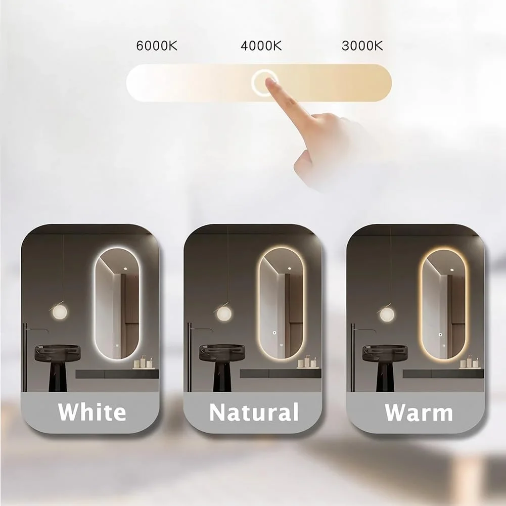 آینه حمام ال ای دی 40 در 80 سانتی متر با چراغ، آینه آرایش بیضی شکل با ضد بخار و 3 رنگ نور قابل تنظیم گرم/طبیعی/سفید، آینه روشویی دکمه لمسی