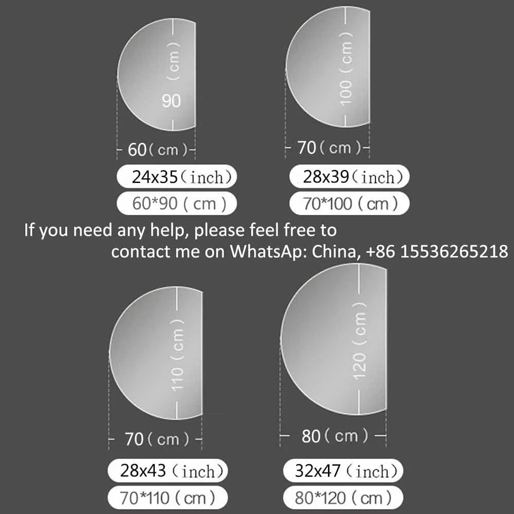 آینه بزرگ حمام با چراغ، آینه تزئینی تمام قد با قابلیت تنظیم نور سه رنگ - آینه آرایش نیم دایره LED با نور پس زمینه برای دیوار - کلید لمسی (نیم دایره سمت راست 70x110 سانتی متر)