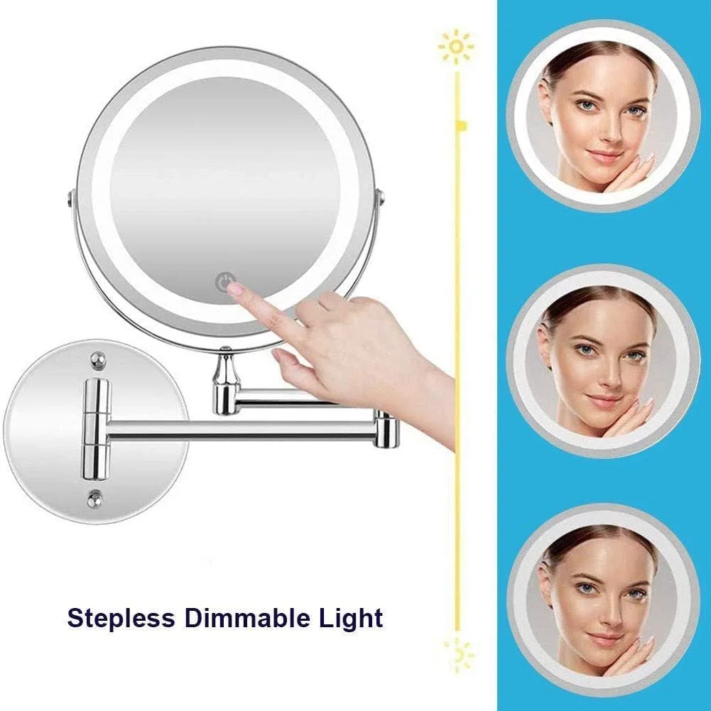 آینه آرایشی دیواری حمام، آینه اصلاح 10 برابر بزرگنمایی، آینه رومیزی گرد دو طرفه 7 اینچی، چرخش 360 درجه و بازویی