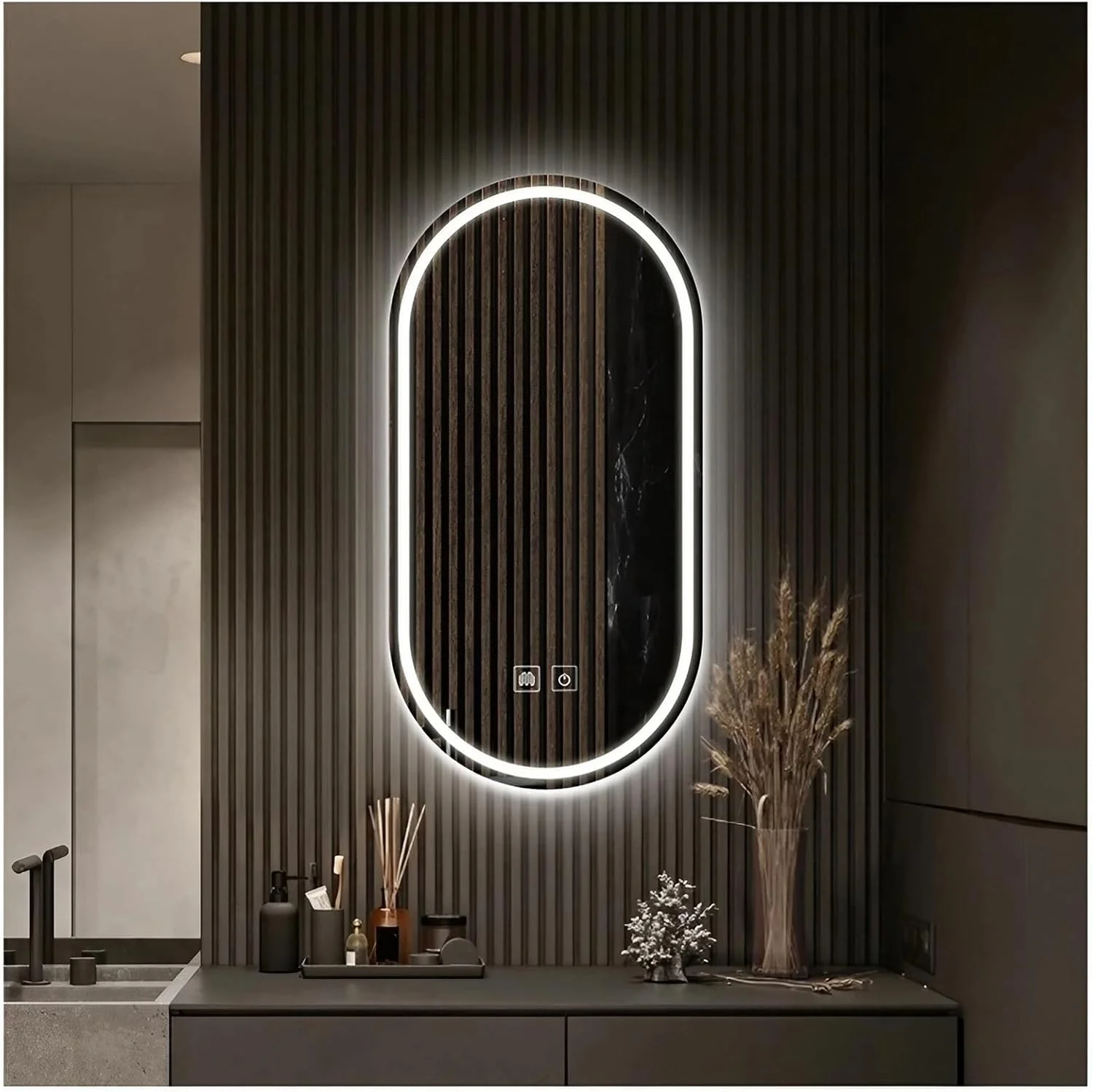 آینه حمام ال ای دی بیضی شکل 400 در 700 میلی متر با ضد بخار، آینه روشویی دیواری با قابلیت تنظیم نور در 3 رنگ، آینه آرایش با حسگر لمسی