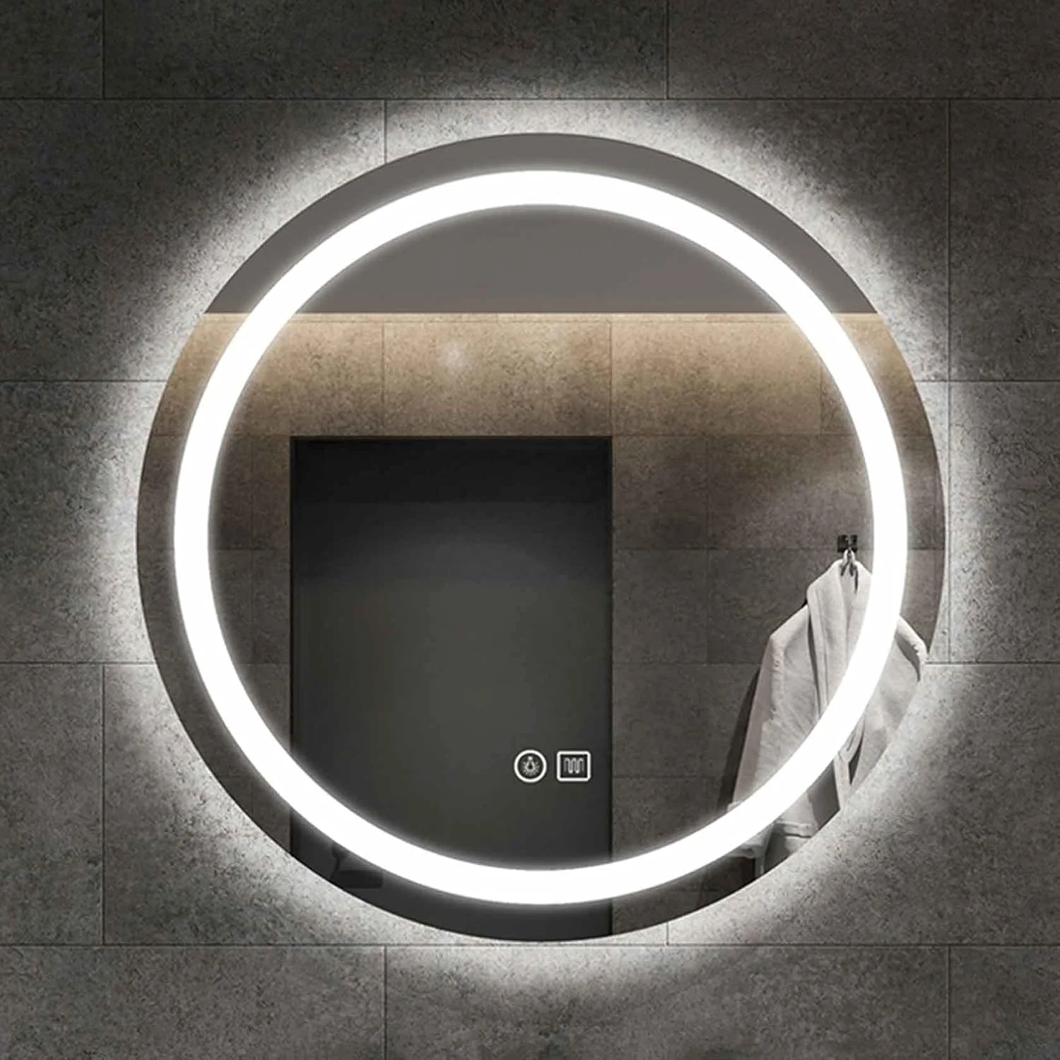 آینه حمام با چراغ های ال ای دی، آینه های روشویی ضد بخار با دکمه لمسی هوشمند، نور سفید/نور گرم، 50 سانتی متر / 60 سانتی متر / 70 سانتی متر / 80 سانتی متر، آینه گرد برای حمام، نور سفید-70 سانتی متر/27.5 اینچ