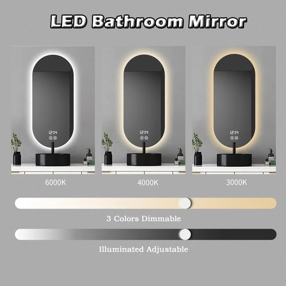 آینه حمام ال ای دی بیضی شکل 400 در 700 میلی متر با ضد بخار، آینه روشویی دیواری با قابلیت تنظیم نور در 3 رنگ، آینه آرایش با حسگر لمسی