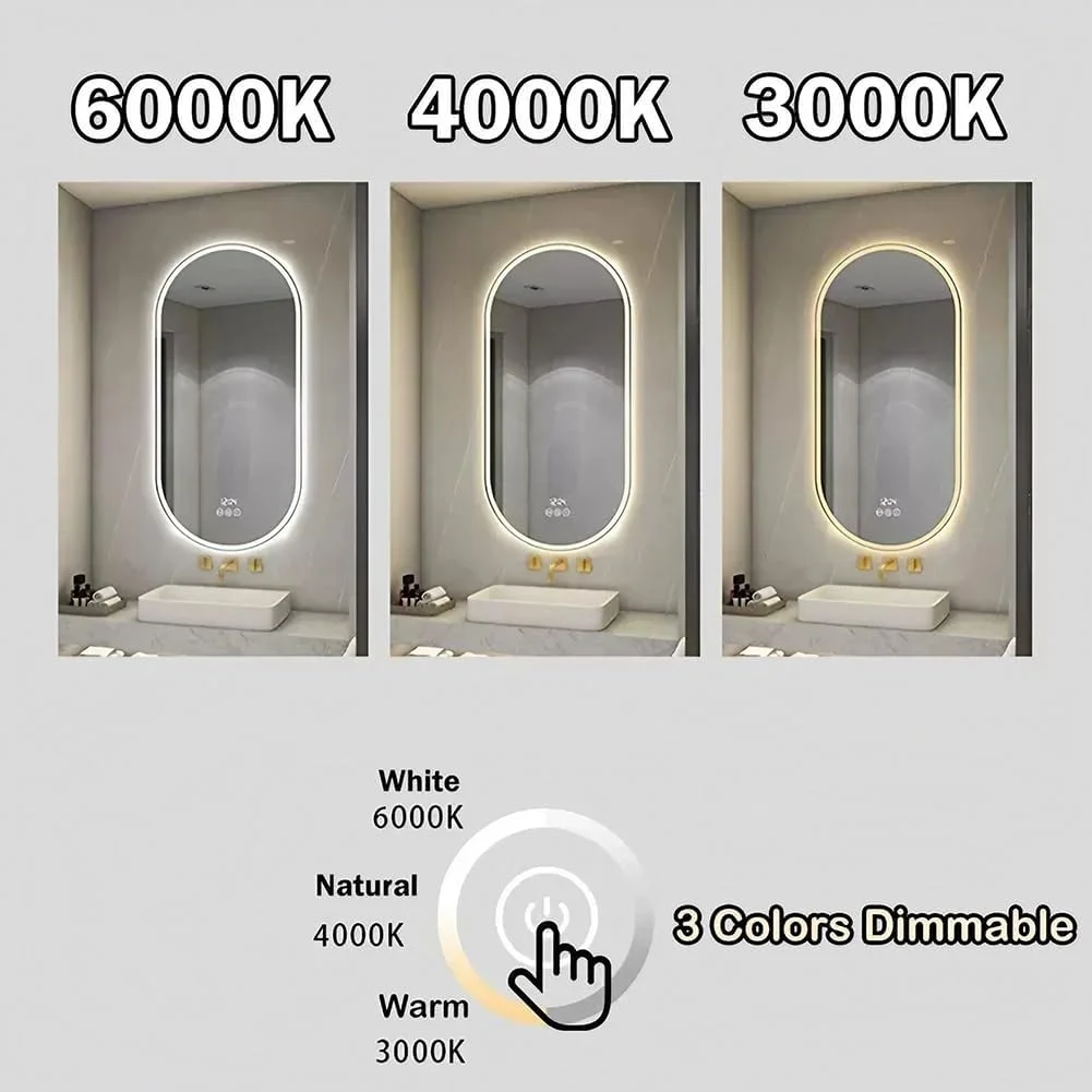 آینه بیضی ال ای دی 50 در 80 سانتی متری حمام با چراغ، آینه ضد بخار، آینه آرایشی دیواری با قابلیت تنظیم نور در 3 رنگ، طلایی