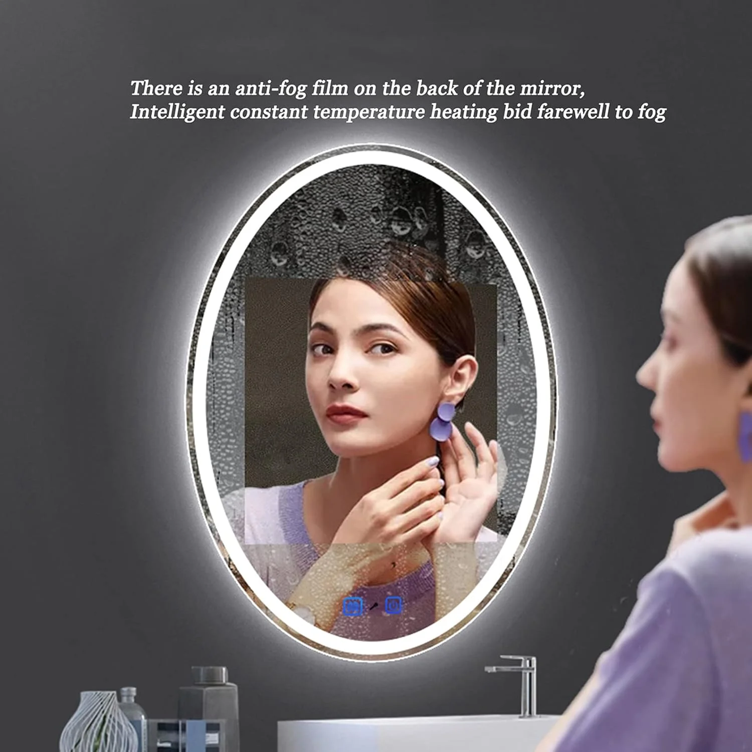 آینه حمام با چراغ های ال ای دی، آینه های روشویی ضد بخار با دکمه لمسی هوشمند، نور سفید/نور گرم، 50 سانتی متر / 60 سانتی متر / 70 سانتی متر / 80 سانتی متر، آینه گرد برای حمام، نور سفید-70 سانتی متر/27.5 اینچ