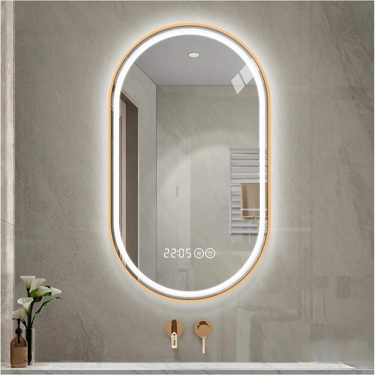 آینه حمام LED بیضی شکل 50 در 80 سانتی متر، آینه روشویی با ضد بخار، آینه آرایشی با قابلیت تنظیم دمای 3 رنگ با دکمه لمسی برای دیوار