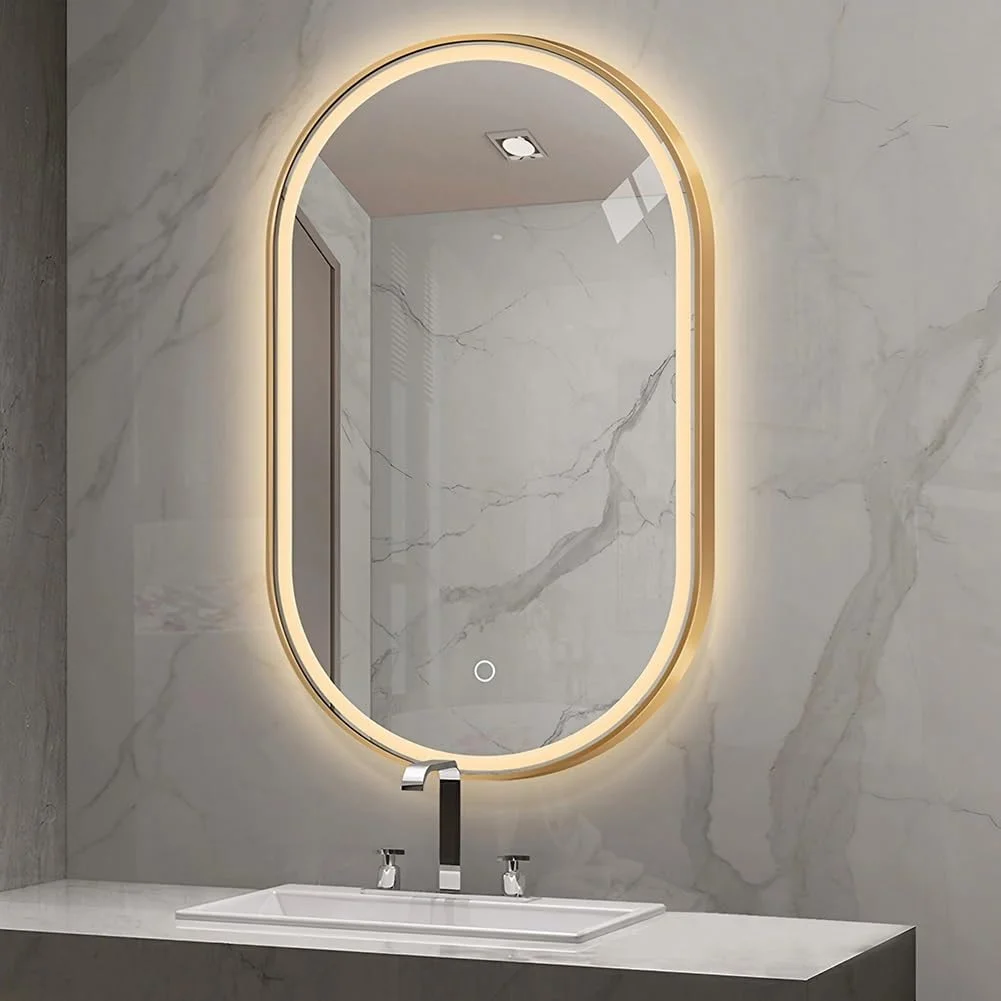 آینه حمام LED بیضی شکل 50 در 80 سانتی متر، آینه روشویی با ضد بخار، آینه آرایشی با قابلیت تنظیم دمای 3 رنگ با دکمه لمسی برای دیوار