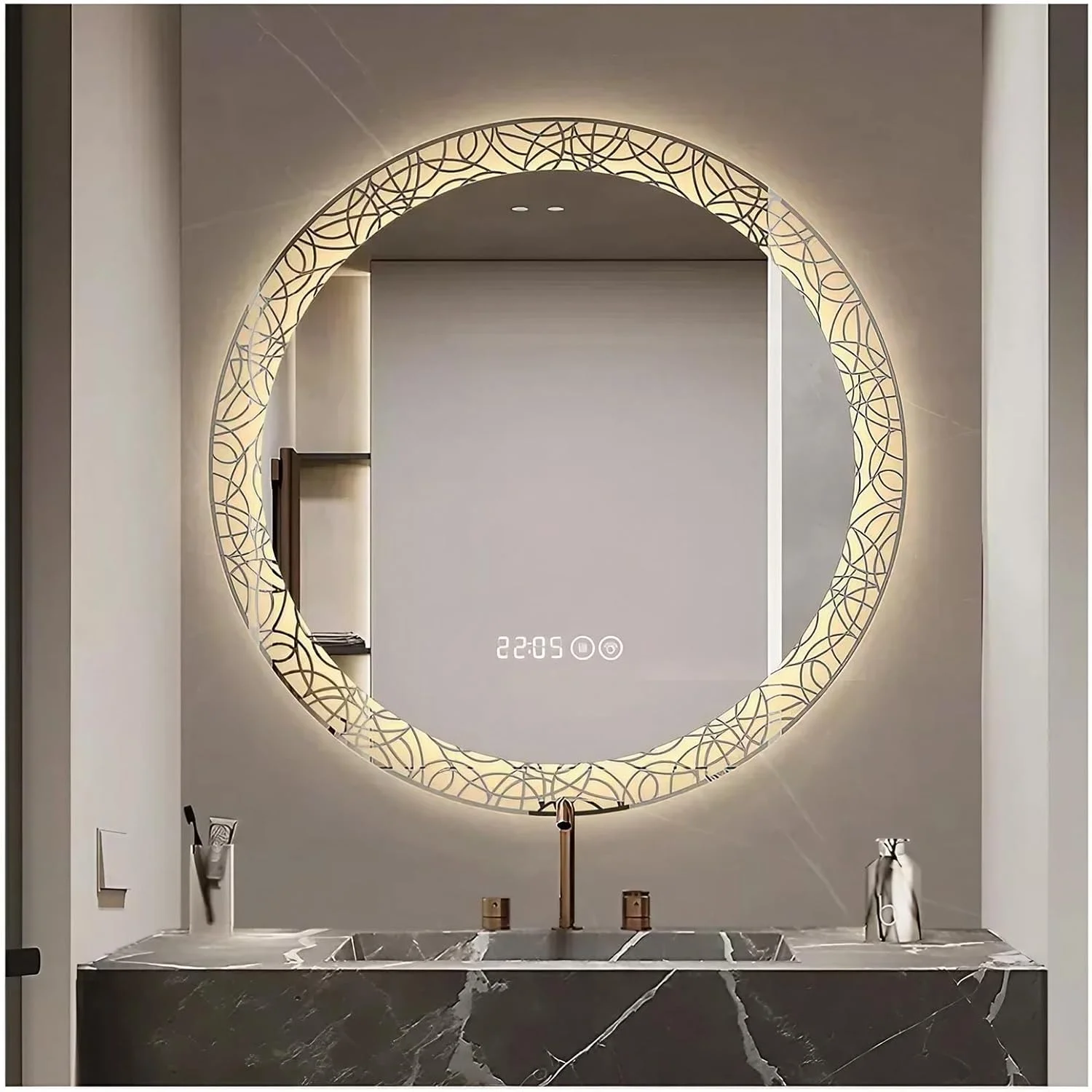 آینه گرد 600 میلی‌متری حمام با چراغ، آینه روشویی ضد بخار نصب شده روی دیوار، آینه آرایش با قابلیت تنظیم نور در 3 رنگ با کلید حسگر، زمان/دما