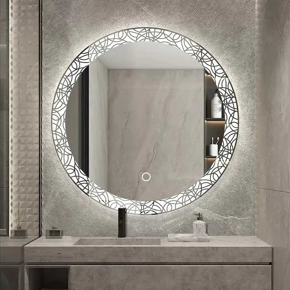 آینه گرد 600 میلی‌متری حمام با چراغ، آینه روشویی ضد بخار نصب شده روی دیوار، آینه آرایش با قابلیت تنظیم نور در 3 رنگ با کلید حسگر، زمان/دما