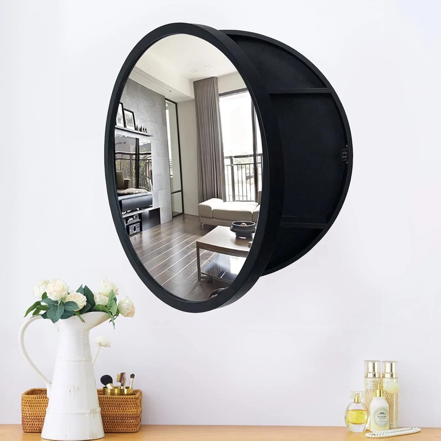 کابینت آینه ای گرد مشکی دیواری برای حمام (سایز: 60 سانتی متر)