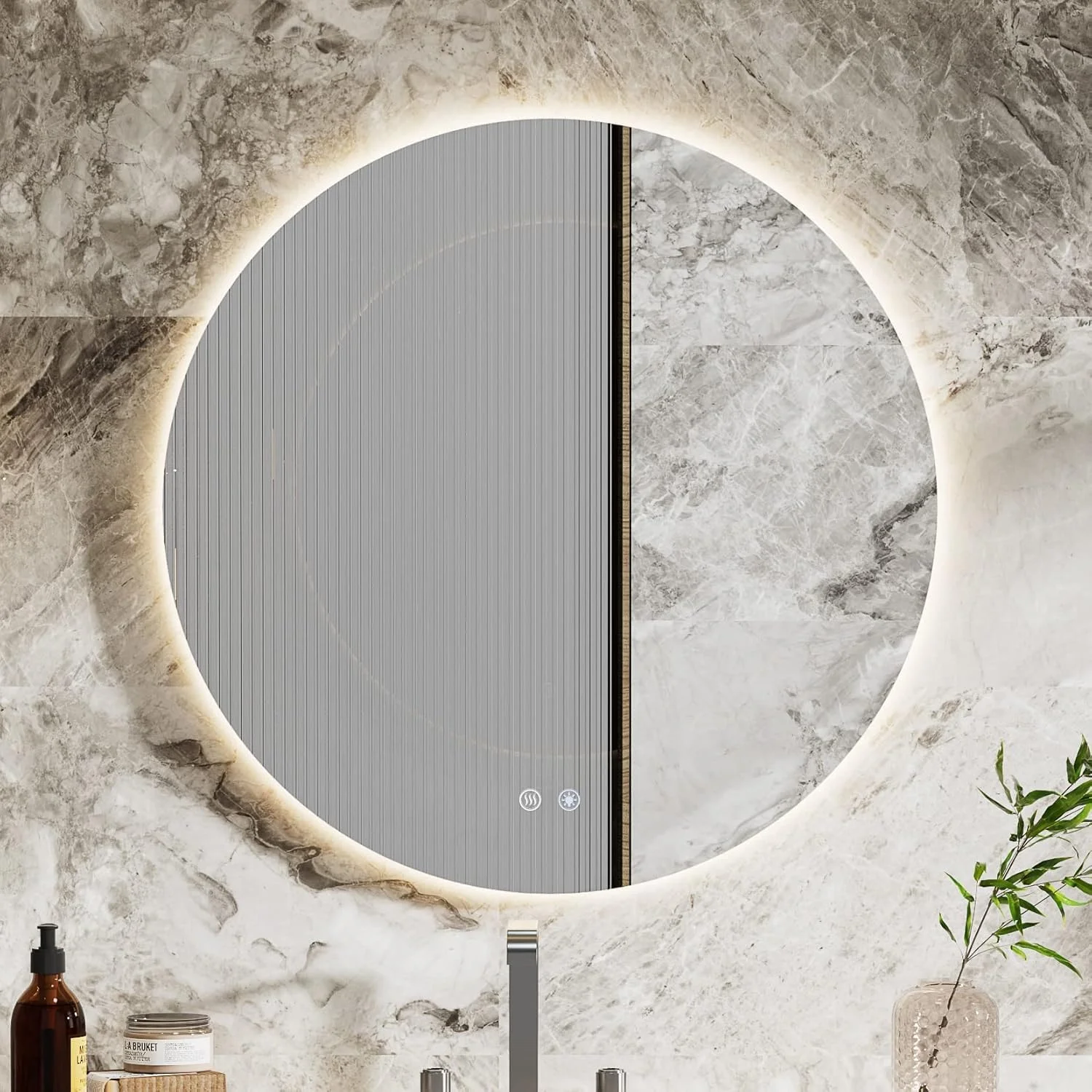 آینه گرد ال ای دی حمام، قطر ۸۰ سانتی متر، کنترل لمسی، نور پس زمینه سفید