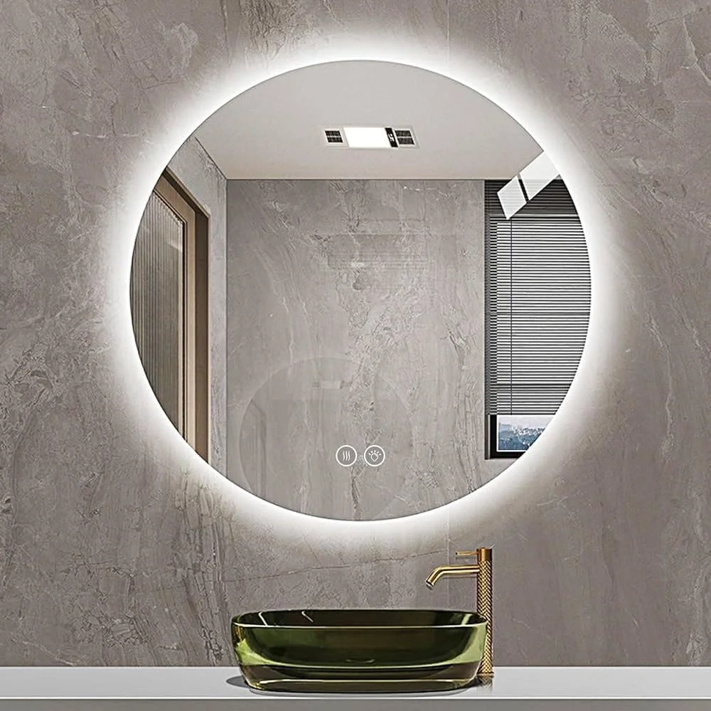 آینه گرد ال ای دی حمام، قطر ۸۰ سانتی متر، کنترل لمسی، نور پس زمینه سفید