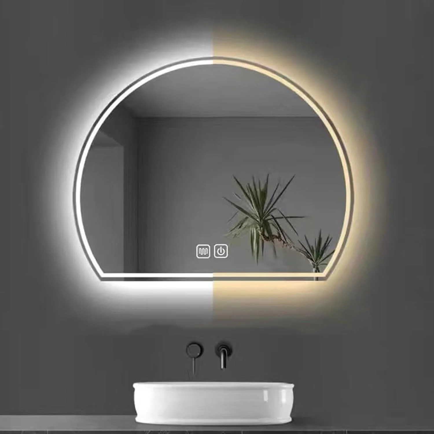 آینه حمام LED هوشمند دیواری، طرح نیمه ماه، با قابلیت تنظیم نور در 3 رنگ، آینه روشویی ضد بخار، دکوراسیون منزل، آینه آرایش دیواری (165cm طول x 165cm عرض)