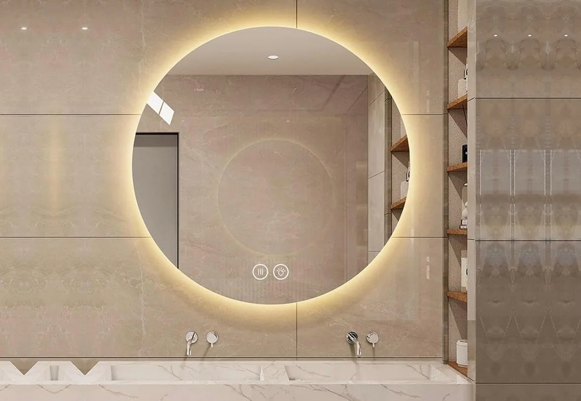 آینه گرد ال ای دی حمام، قطر ۸۰ سانتی متر، کنترل لمسی، نور پس زمینه سفید