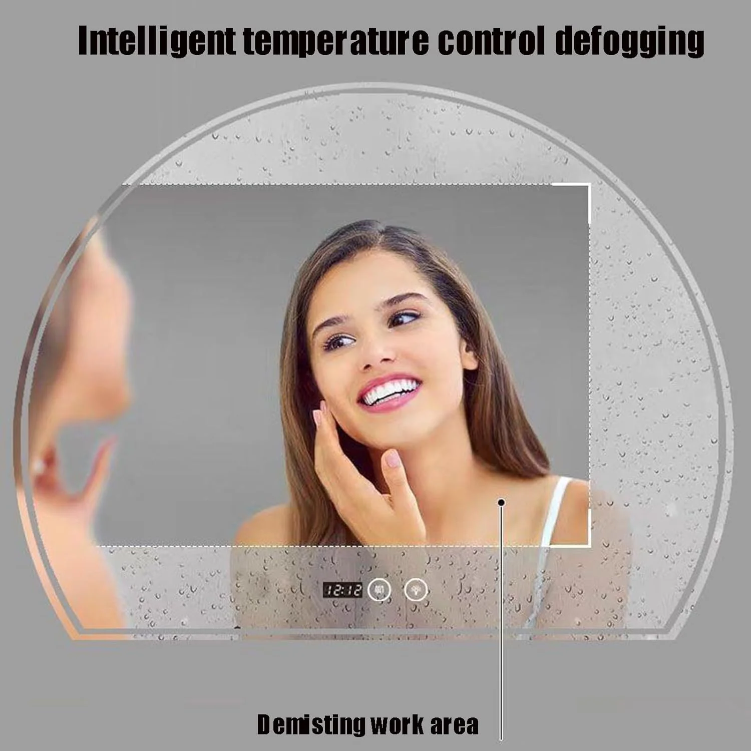 آینه حمام LED هوشمند دیواری، طرح نیمه ماه، با قابلیت تنظیم نور در 3 رنگ، آینه روشویی ضد بخار، دکوراسیون منزل، آینه آرایش دیواری (165cm طول x 165cm عرض)