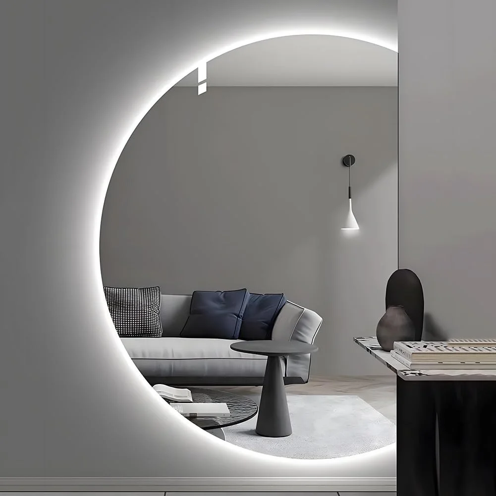 آینه نیم‌ماهی ال‌ای‌دی برای حمام، آینه آرایشی بدون قاب دیواری با ضد بخار، 3 رنگ (برش راست 120 * 80 سانتی‌متر)