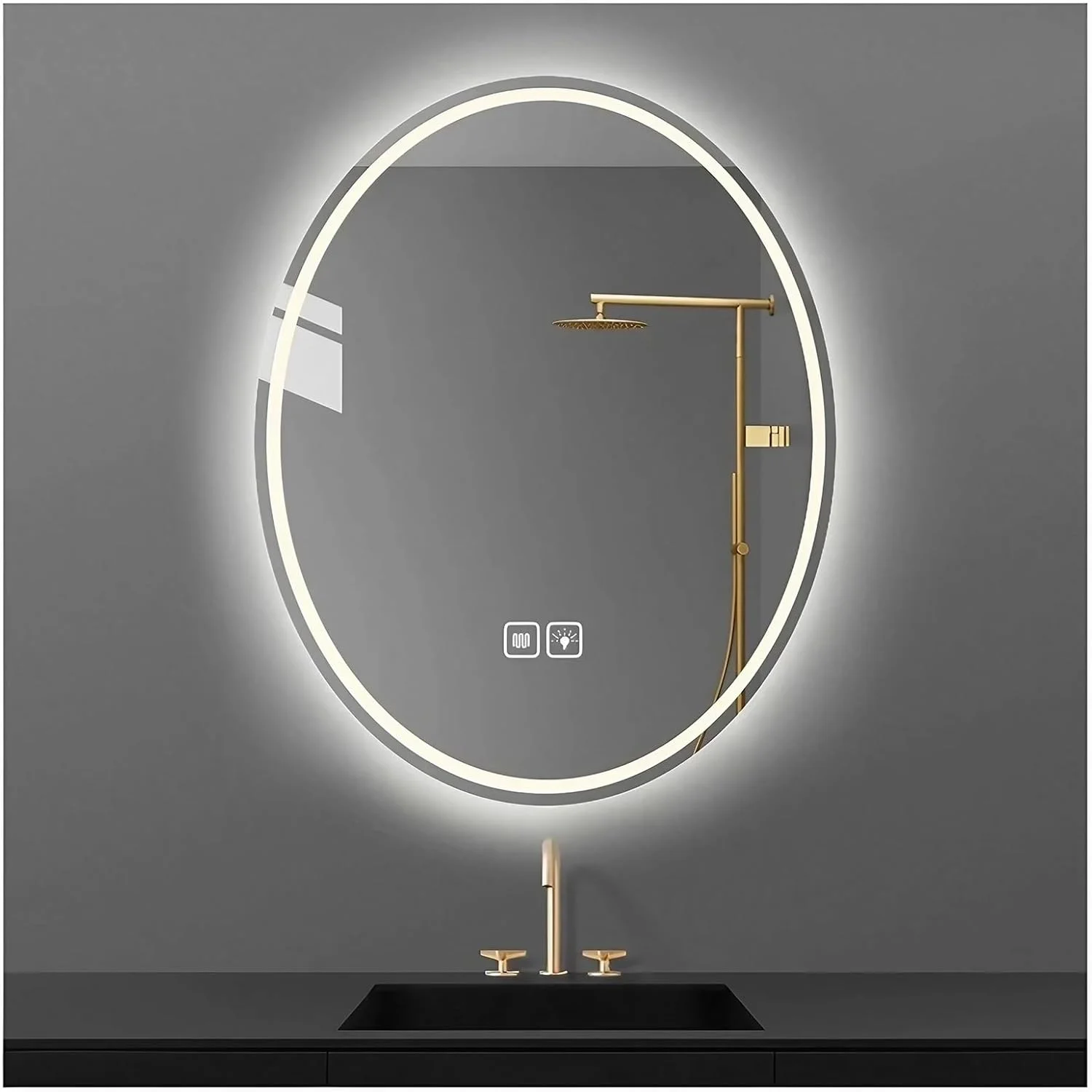 آینه حمام ال ای دی بیضی شکل 50 در 70 سانتی متر، آینه روشویی ضد بخار نورانی، آینه آرایش دیواری با قابلیت تنظیم نور 3 رنگ و حسگر لمسی