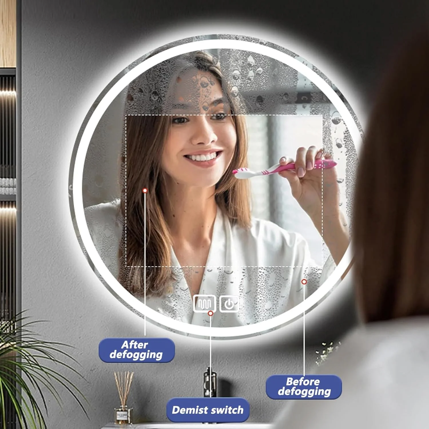 آینه حمام با چراغ های ال ای دی، با 3 حالت نور، آینه روشویی دیواری روشن با ضد بخار، برای اتاق نشیمن و حمام (رنگ: A، اندازه: 90 سانتی متر / 35.4 اینچ)