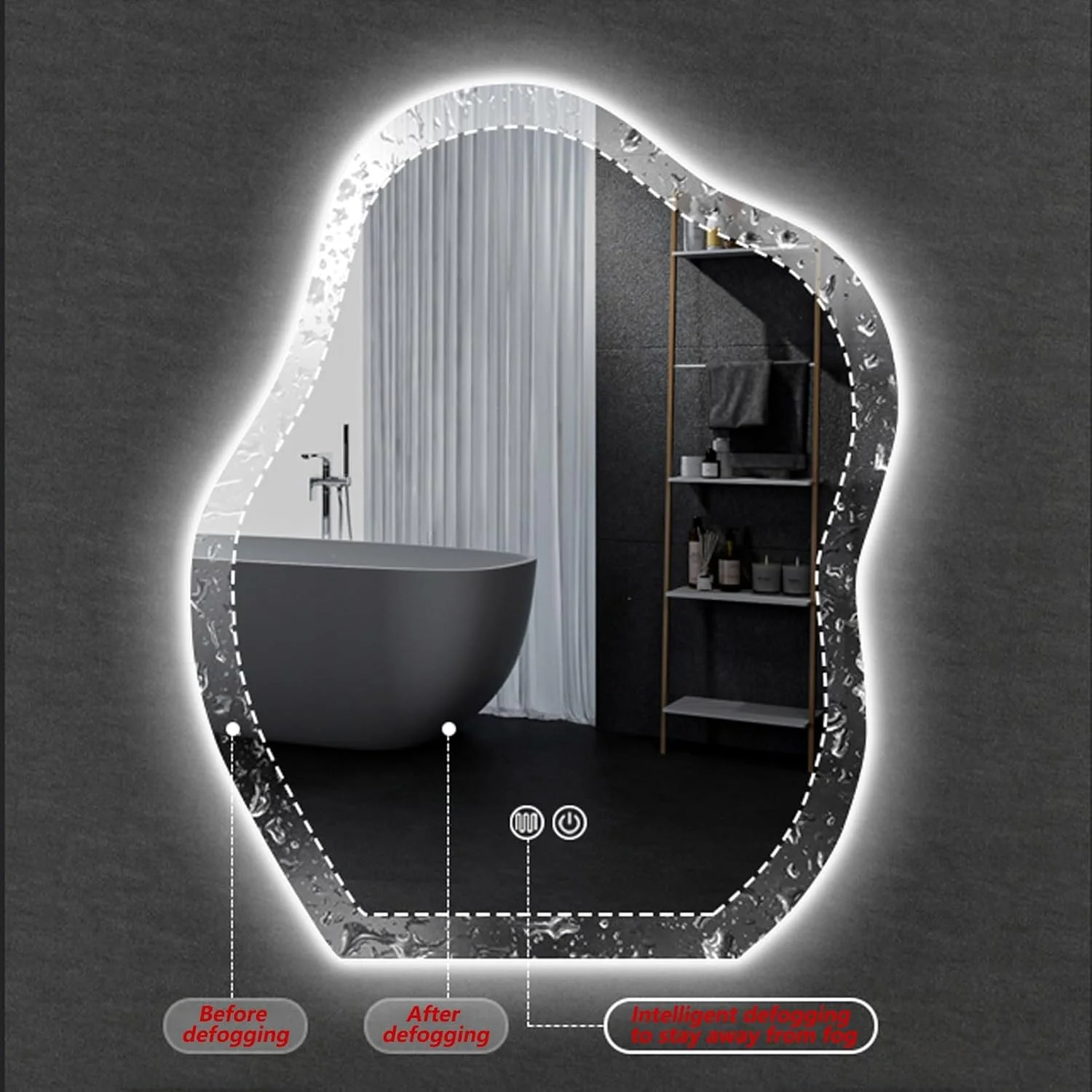 آینه حمام، آینه آرایشی دیواری ابری نامنظم با چراغ های LED و ضد بخار، آینه دیواری با کلید لمسی، 3 حالت نور (رنگ: A، اندازه: 50 * 70 سانتی متر)