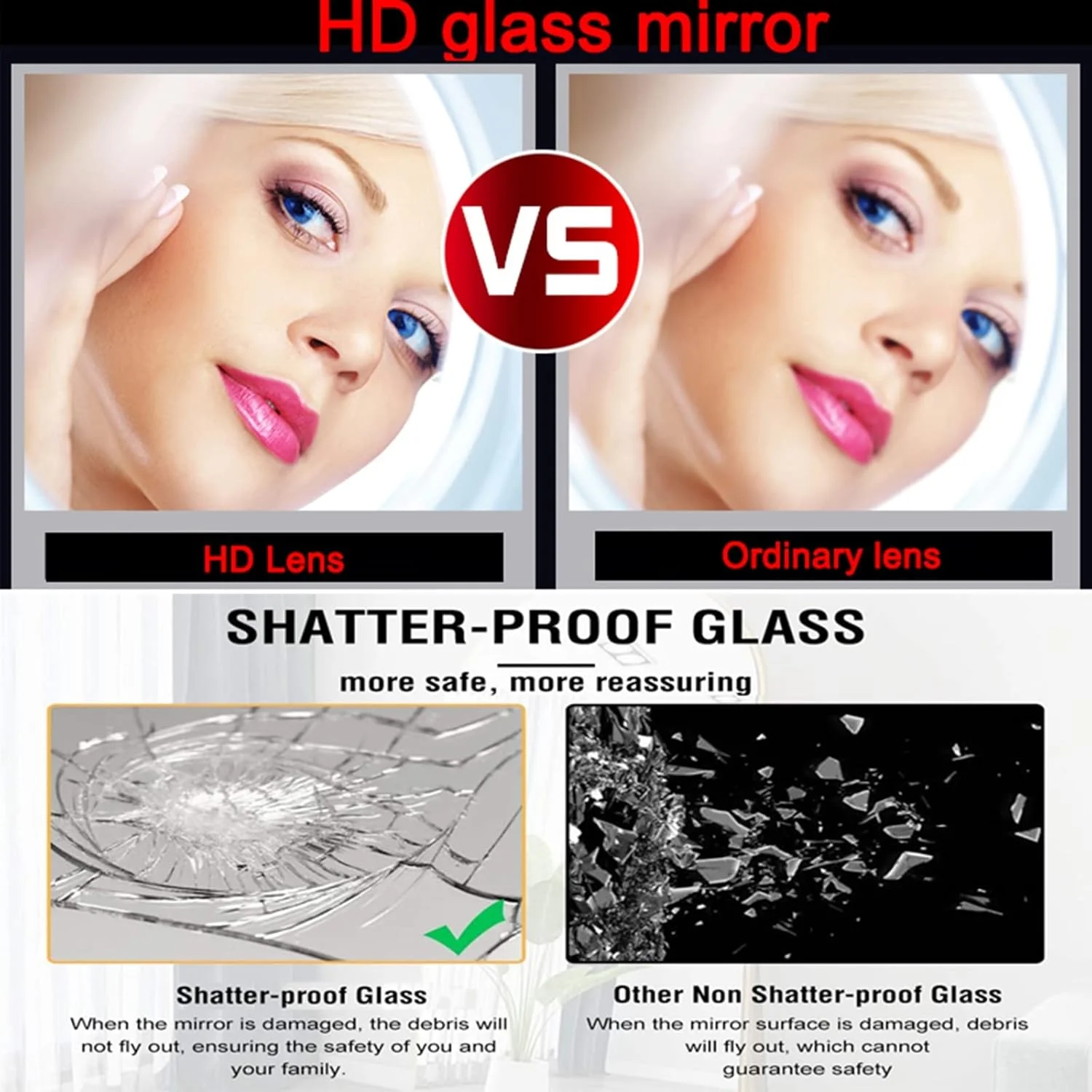 آینه بیضی ال ای دی حمام، آینه آرایشی با نور ال ای دی و قاب فلزی، آینه دیواری، سه دمای رنگ، دیمر (رنگ: طلایی، سایز: 40x60 سانتی متر)