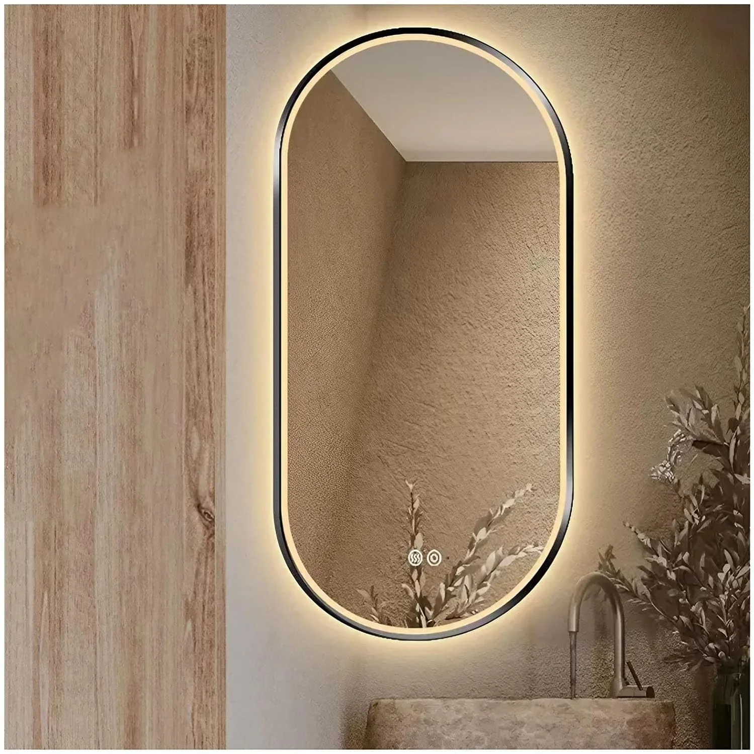 آینه حمام ال ای دی بیضی شکل با ابعاد 50 در 80 سانتی متر، آینه روشویی با نور با قابلیت تنظیم 3 رنگ، آینه دیواری ضد بخار با کلید لمسی، نمایشگر زمان/دما