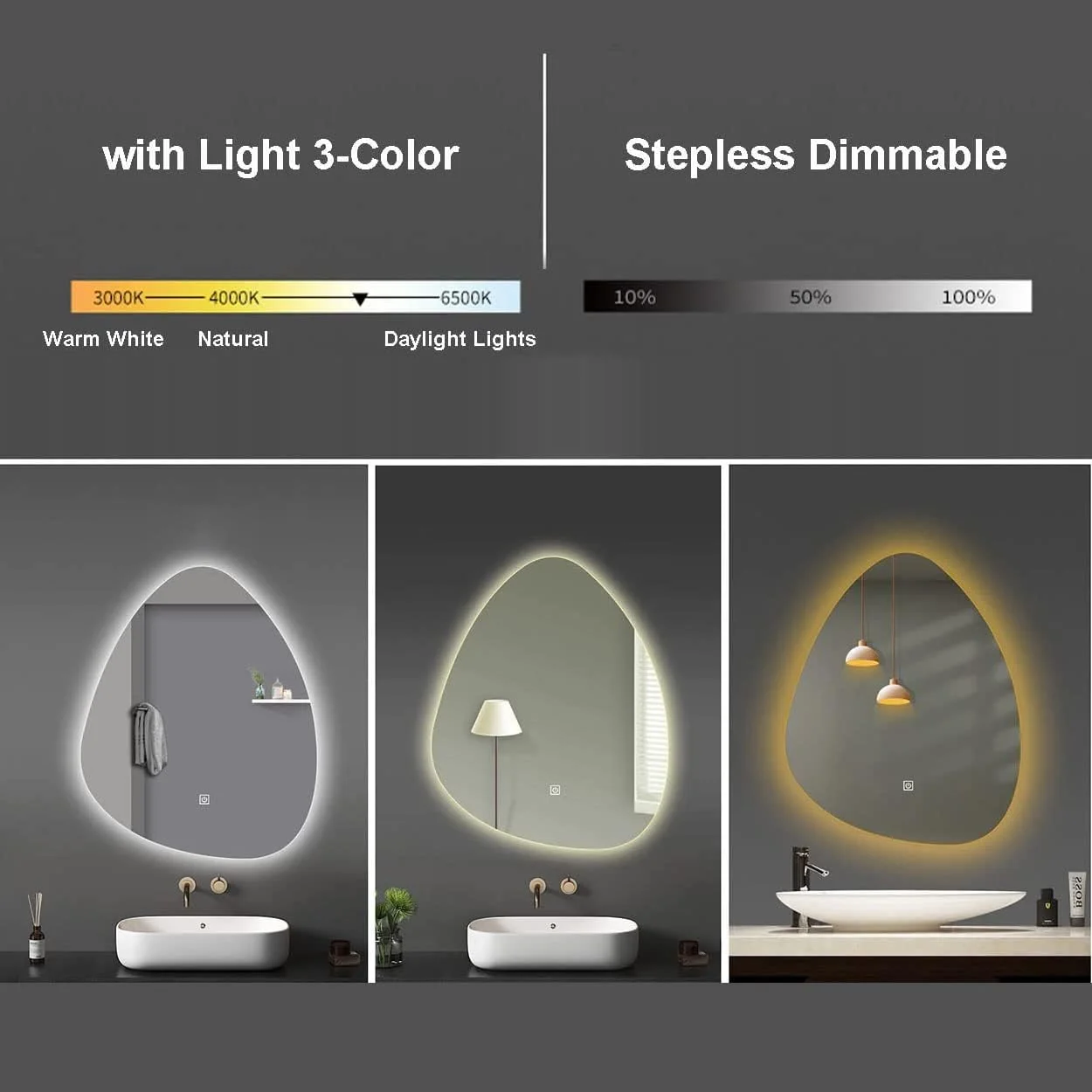 آینه حمام LED با چراغ، آینه روشویی دیواری - 3 رنگ قابل تنظیم، ضد بخار، آینه روشن برای آرایش - چراغ های لمسی، آینه نورانی (60x80 سانتی متر / 24x32 اینچ)