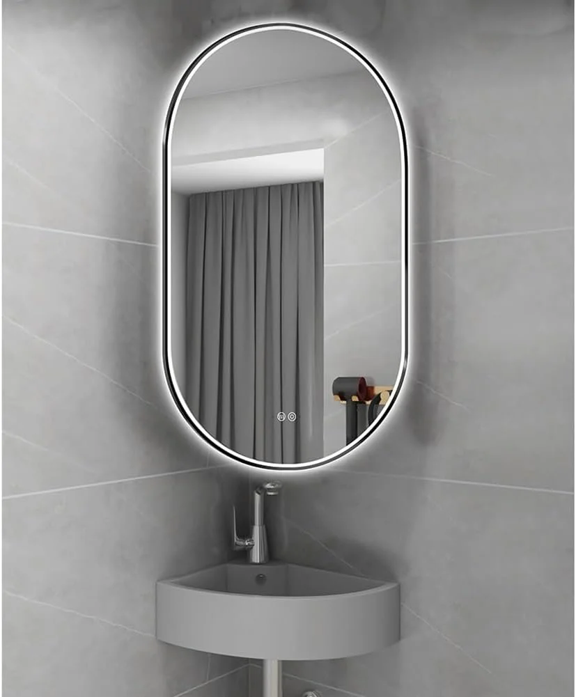 آینه حمام ال ای دی بیضی شکل با ابعاد 50 در 80 سانتی متر، آینه روشویی با نور با قابلیت تنظیم 3 رنگ، آینه دیواری ضد بخار با کلید لمسی، نمایشگر زمان/دما