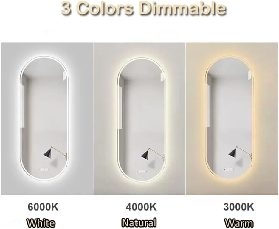 آینه حمام ال ای دی بیضی شکل با ابعاد 50 در 80 سانتی متر، آینه روشویی با نور با قابلیت تنظیم 3 رنگ، آینه دیواری ضد بخار با کلید لمسی، نمایشگر زمان/دما