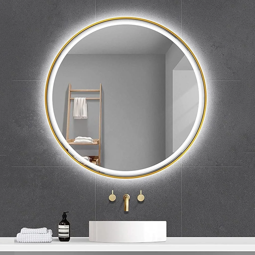 آینه دیواری قاب فلزی حمام، آینه LED نورانی، ضد آب، آینه آرایشی با چراغ (قاب طلایی) (رنگ: نور سفید (قاب آلومینیومی)، اندازه: 70 سانتی متر)