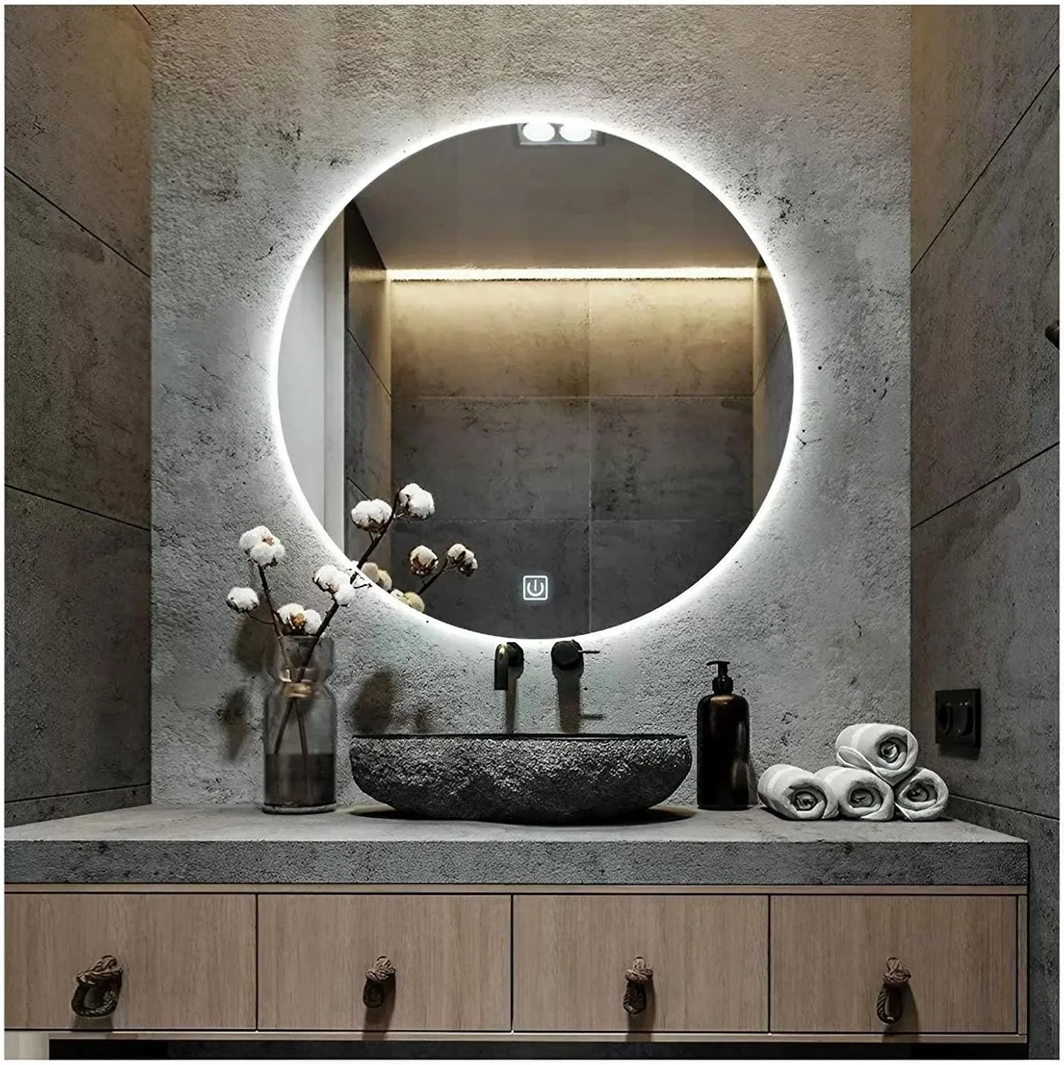 آینه گرد ال ای دی 50 سانتی متری برای حمام، آینه روشویی با قابلیت تنظیم نور سه رنگ، آینه آرایشی ال ای دی ضد بخار برای دیوار با دکمه لمسی