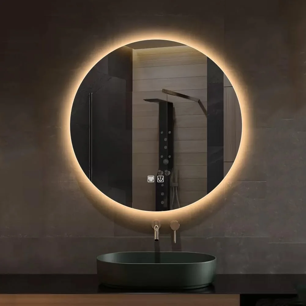 آینه گرد ال ای دی 50 سانتی متری برای حمام، آینه روشویی با قابلیت تنظیم نور سه رنگ، آینه آرایشی ال ای دی ضد بخار برای دیوار با دکمه لمسی