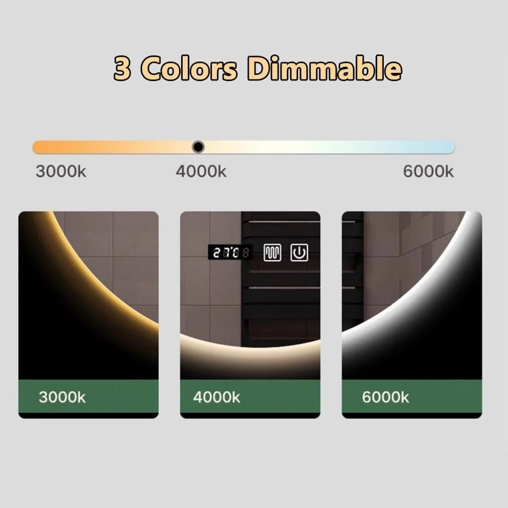 آینه گرد ال ای دی 50 سانتی متری برای حمام، آینه روشویی با قابلیت تنظیم نور سه رنگ، آینه آرایشی ال ای دی ضد بخار برای دیوار با دکمه لمسی